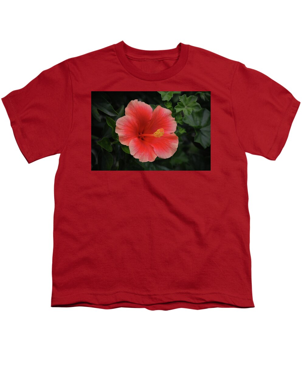 Flower Youth T-Shirt featuring the photograph Red Peach Tropical Hibiscus Flower by Gaby Ethington