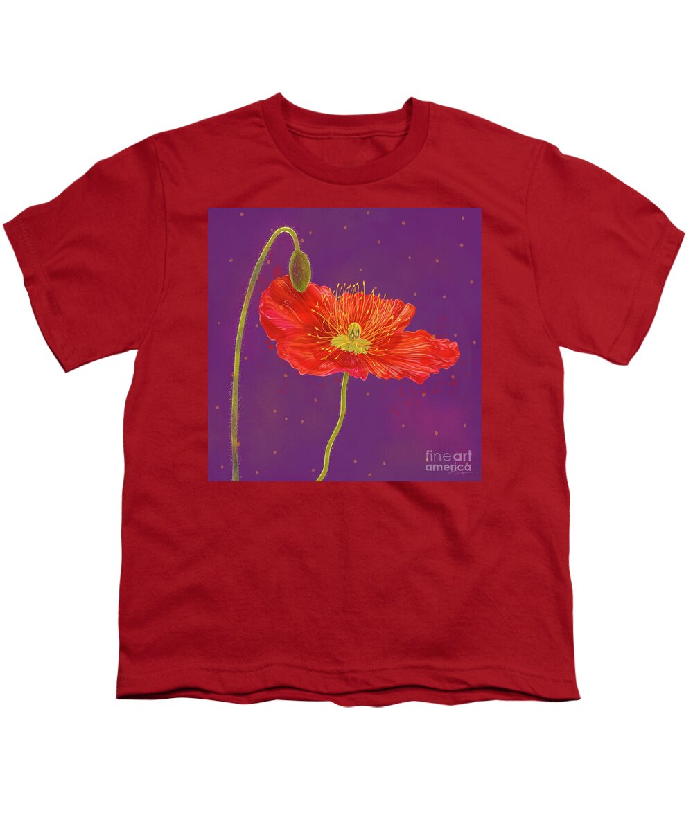Poppy Youth T-Shirt featuring the mixed media Red Poppy on Purple II by Shari Warren