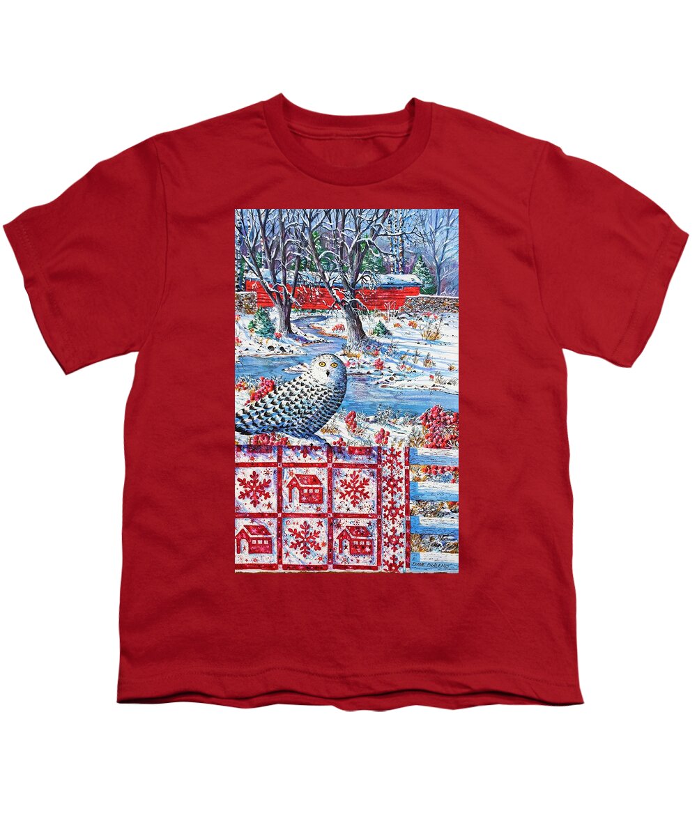 Winter Scene Of Covered Bridge And Snowy Owl With Red Covered Bridge And Snowflake Quilt. Youth T-Shirt featuring the painting Snowy Owl Visitor by Diane Phalen
