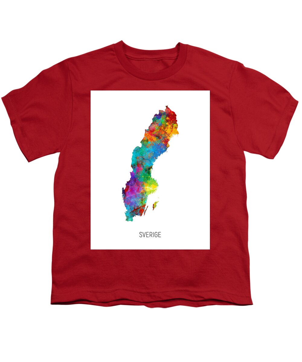 Sverige Youth T-Shirt featuring the digital art Sverige Watercolor Map by Michael Tompsett