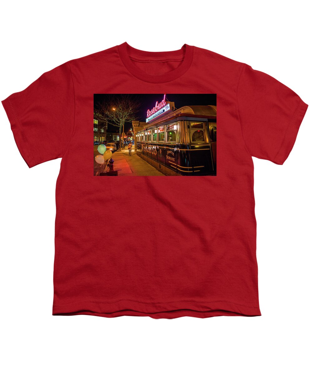 Rosebud Youth T-Shirt featuring the photograph The Rosebud Diner Davis Square Somerville MA Balloons by Toby McGuire
