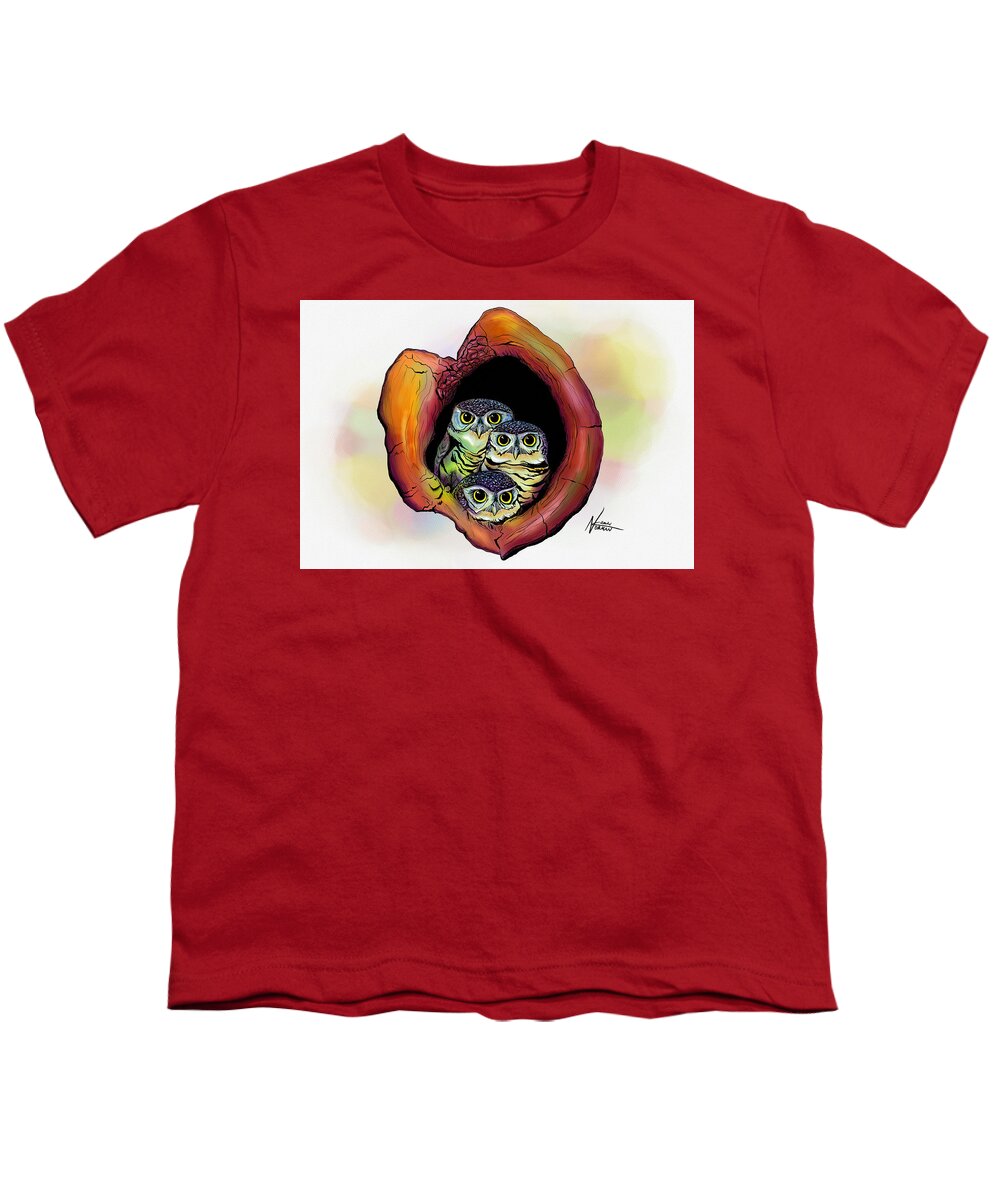 Wildlife Youth T-Shirt featuring the digital art Three Owls by Norman Klein
