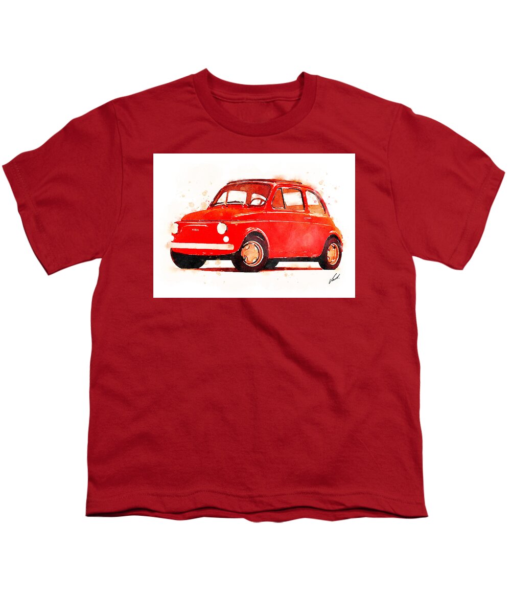Watercolor Youth T-Shirt featuring the painting Watercolor classic Fiat 500 by Vart by Vart