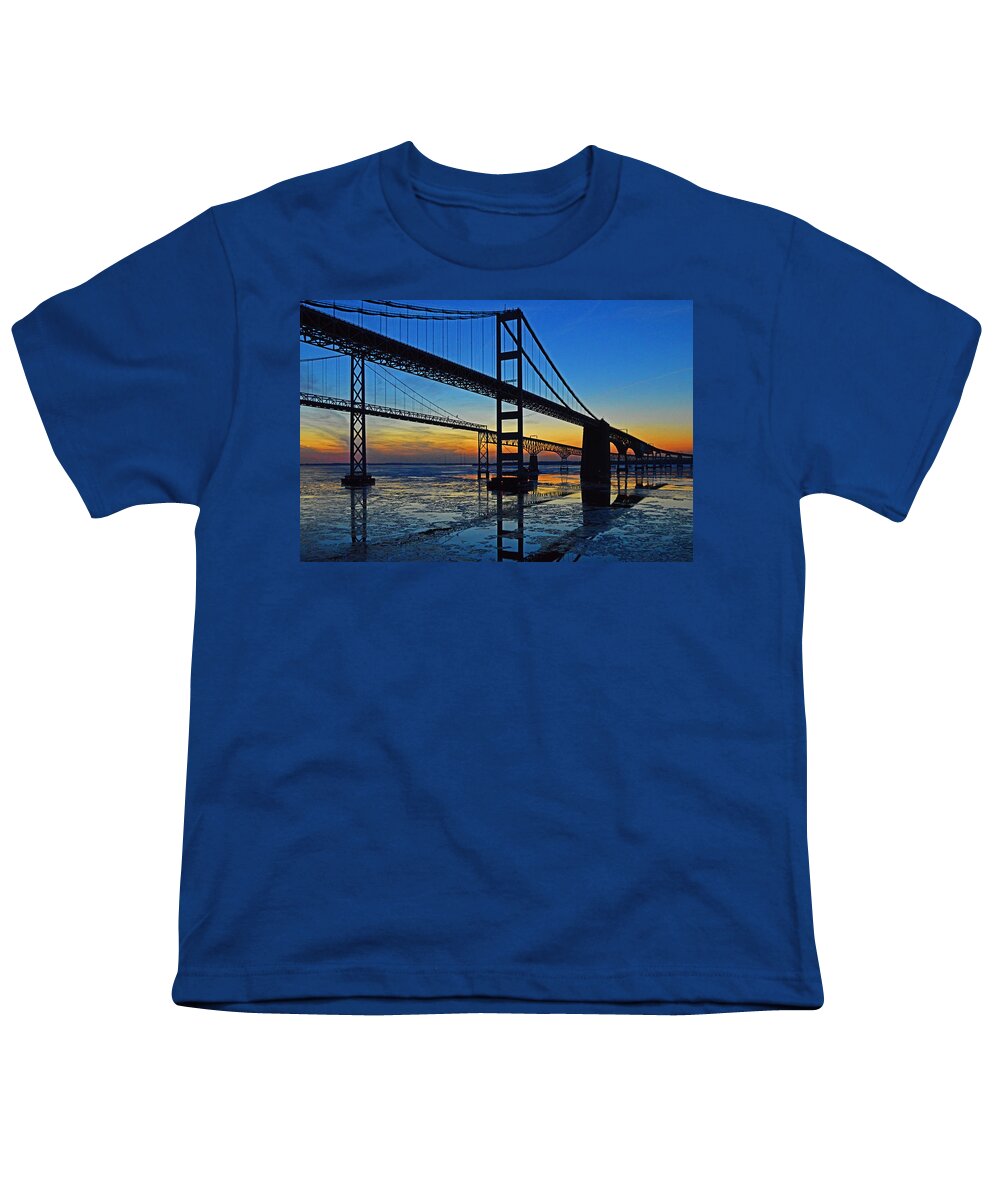 Chesapeake Bay Bridge Youth T-Shirt featuring the photograph Chesapeake Bay Bridge Reflections by Bill Swartwout