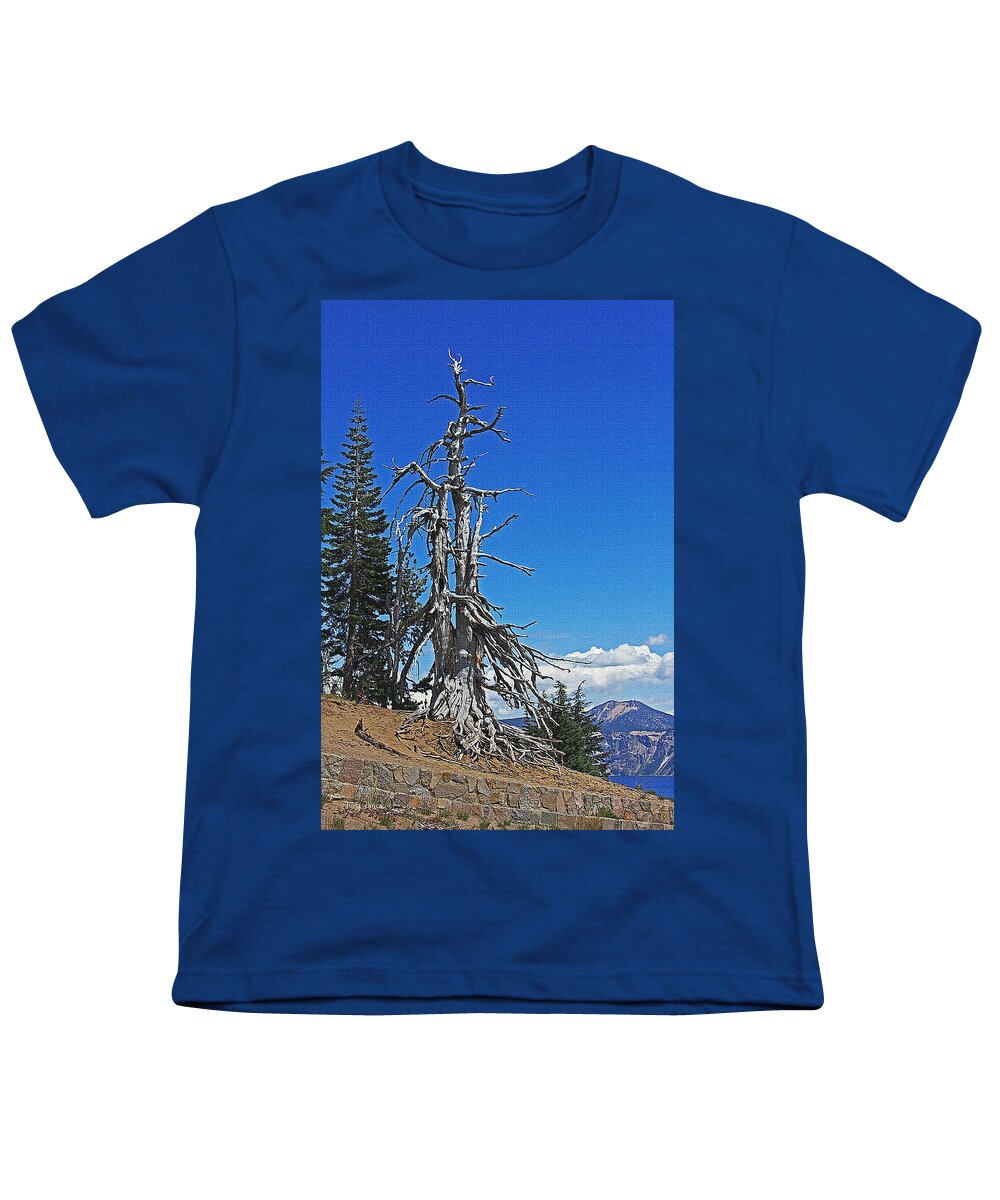 Dead Tree On The Edge Of Crater Lake Youth T-Shirt featuring the photograph Dead Tree On The Edge Of Crater Lake by Tom Janca