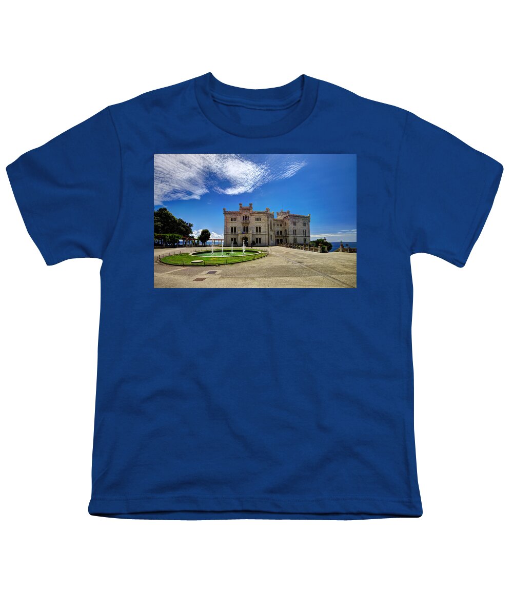 Miramare Youth T-Shirt featuring the photograph Miramare Castle with fountain by Ivan Slosar