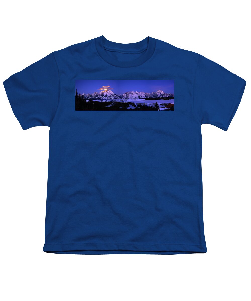 Moon Sets Over Behind The Tetons Panorama Youth T-Shirt featuring the photograph Moon Sets Over Behind the Tetons Panorama by Raymond Salani III