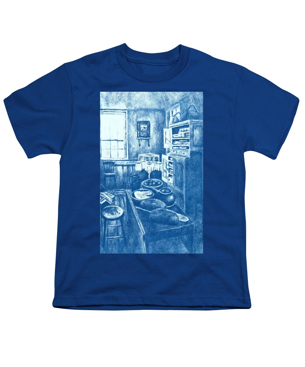 Lithograph Youth T-Shirt featuring the drawing Old Fashioned Kitchen in Blue by Kendall Kessler