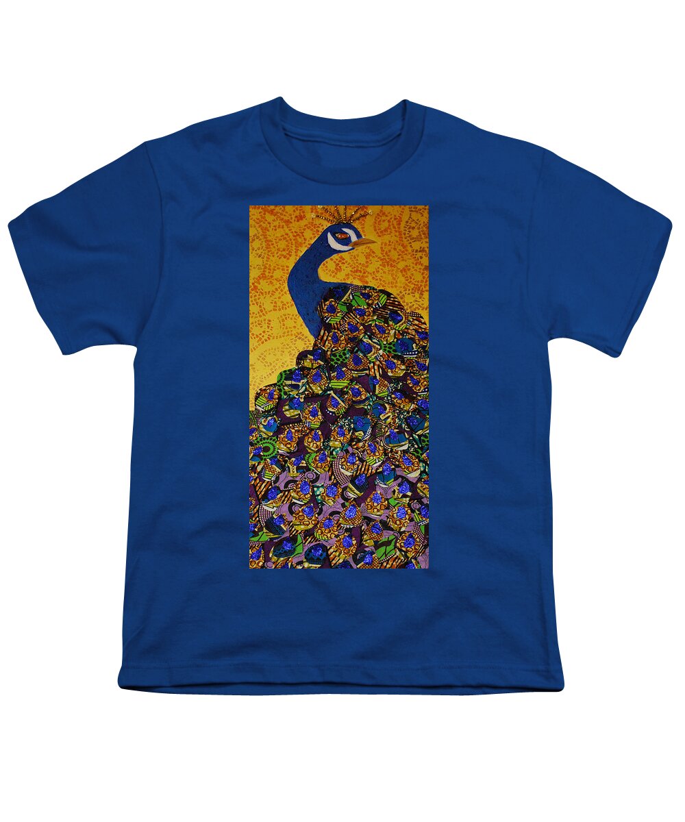 Peacock Youth T-Shirt featuring the tapestry - textile Peacock Blue by Apanaki Temitayo M