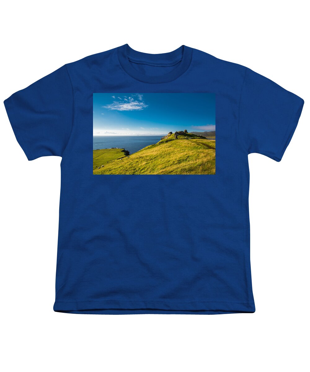 Scotland Youth T-Shirt featuring the photograph Scottish Coast With Castle Ruin by Andreas Berthold