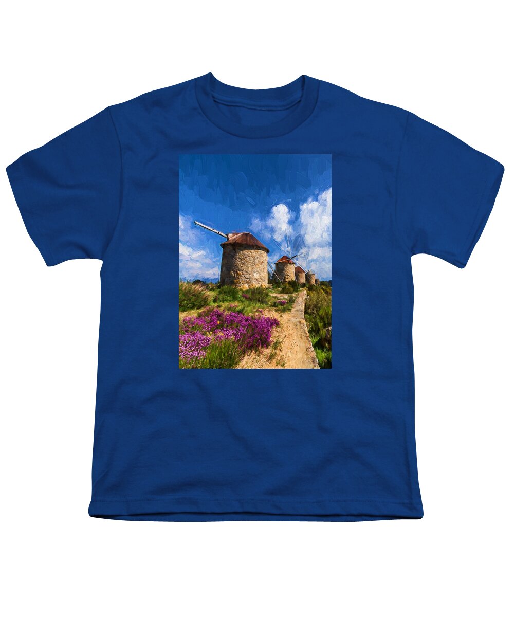 Landscape Youth T-Shirt featuring the digital art Windmills of Portugal by Charmaine Zoe