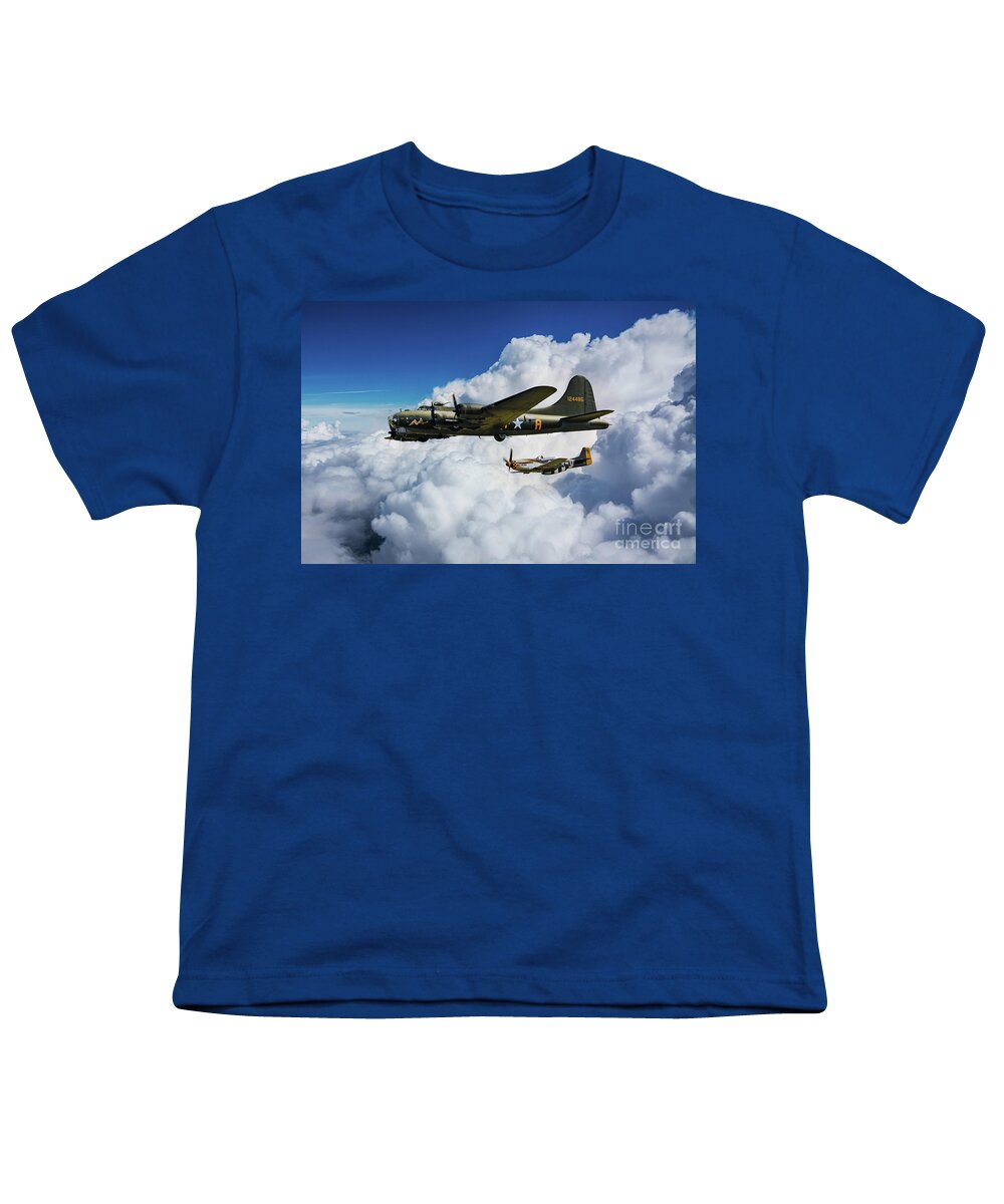 B-17 Youth T-Shirt featuring the digital art B17 Flying Fortress and P51 Mustang by Airpower Art