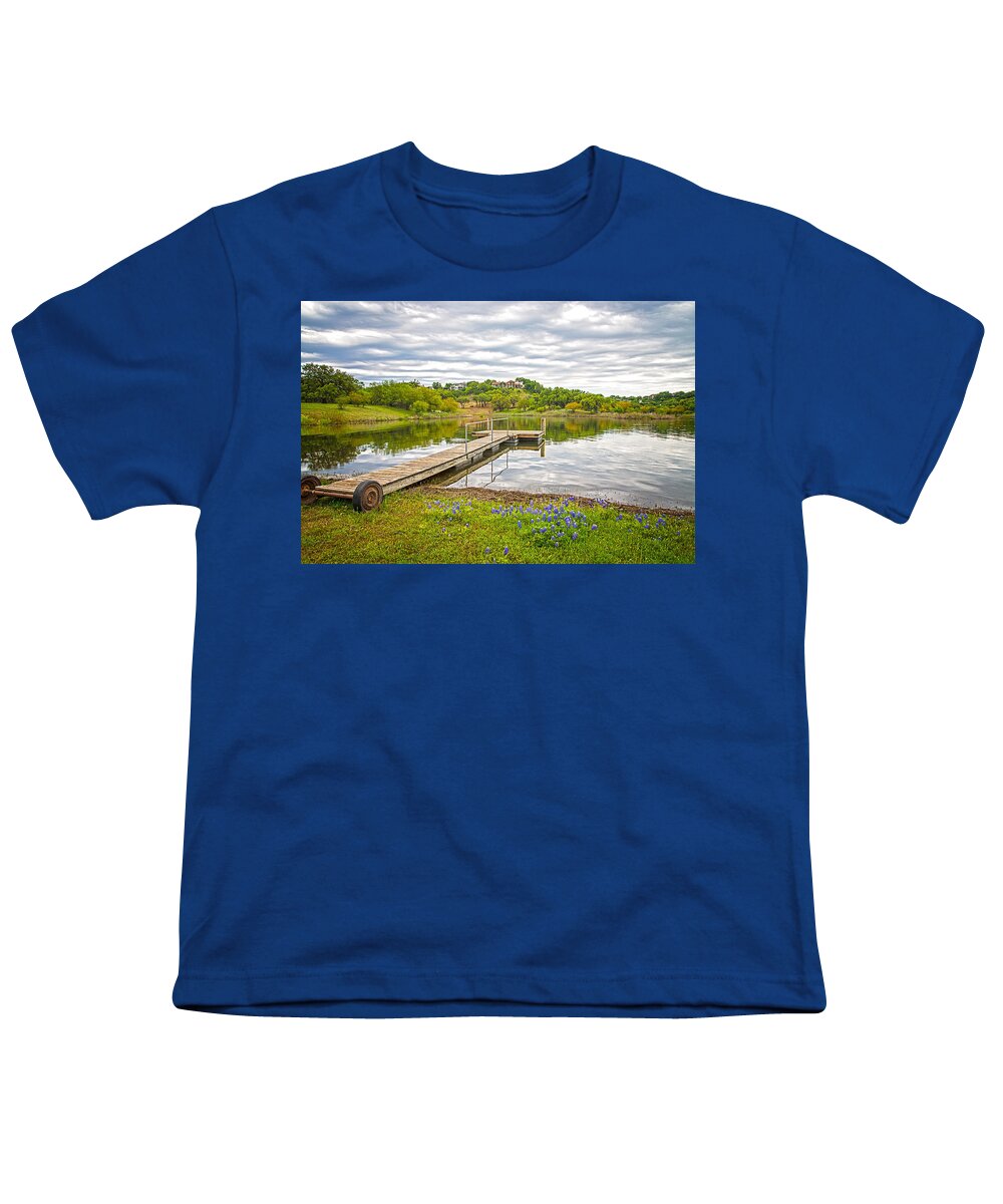 Texas Bluebonnets Youth T-Shirt featuring the photograph Bluebonnet Boat Dock by Lynn Bauer