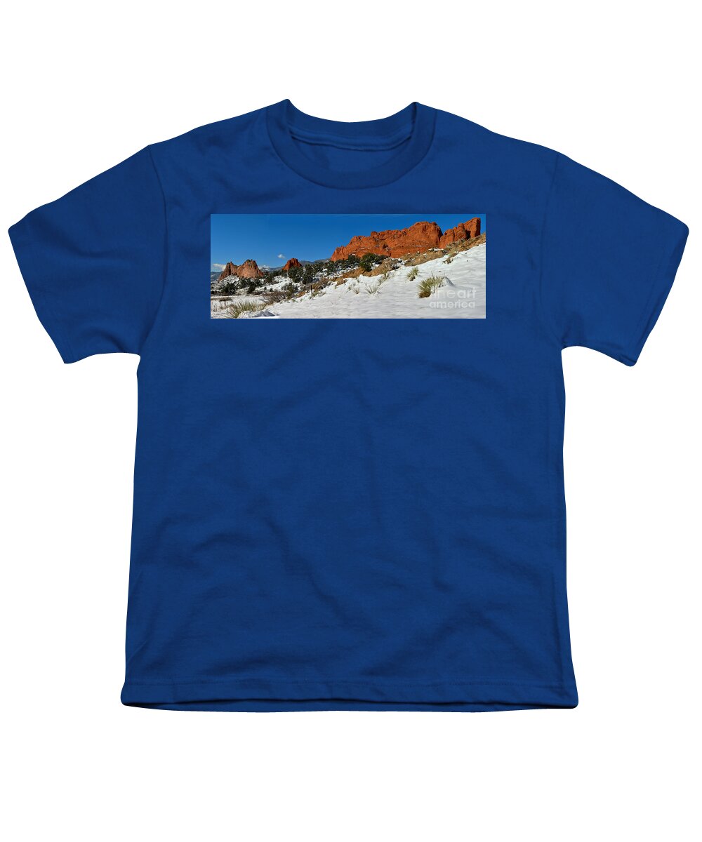 Garden Of The Cogs Youth T-Shirt featuring the photograph Colorado Winter Red Rock Garden by Adam Jewell