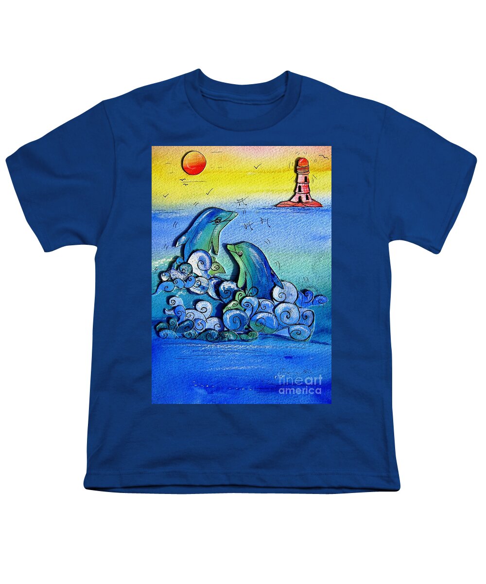 Childrens Art Youth T-Shirt featuring the painting Dolphins At Play by Mary Cahalan Lee - aka PIXI