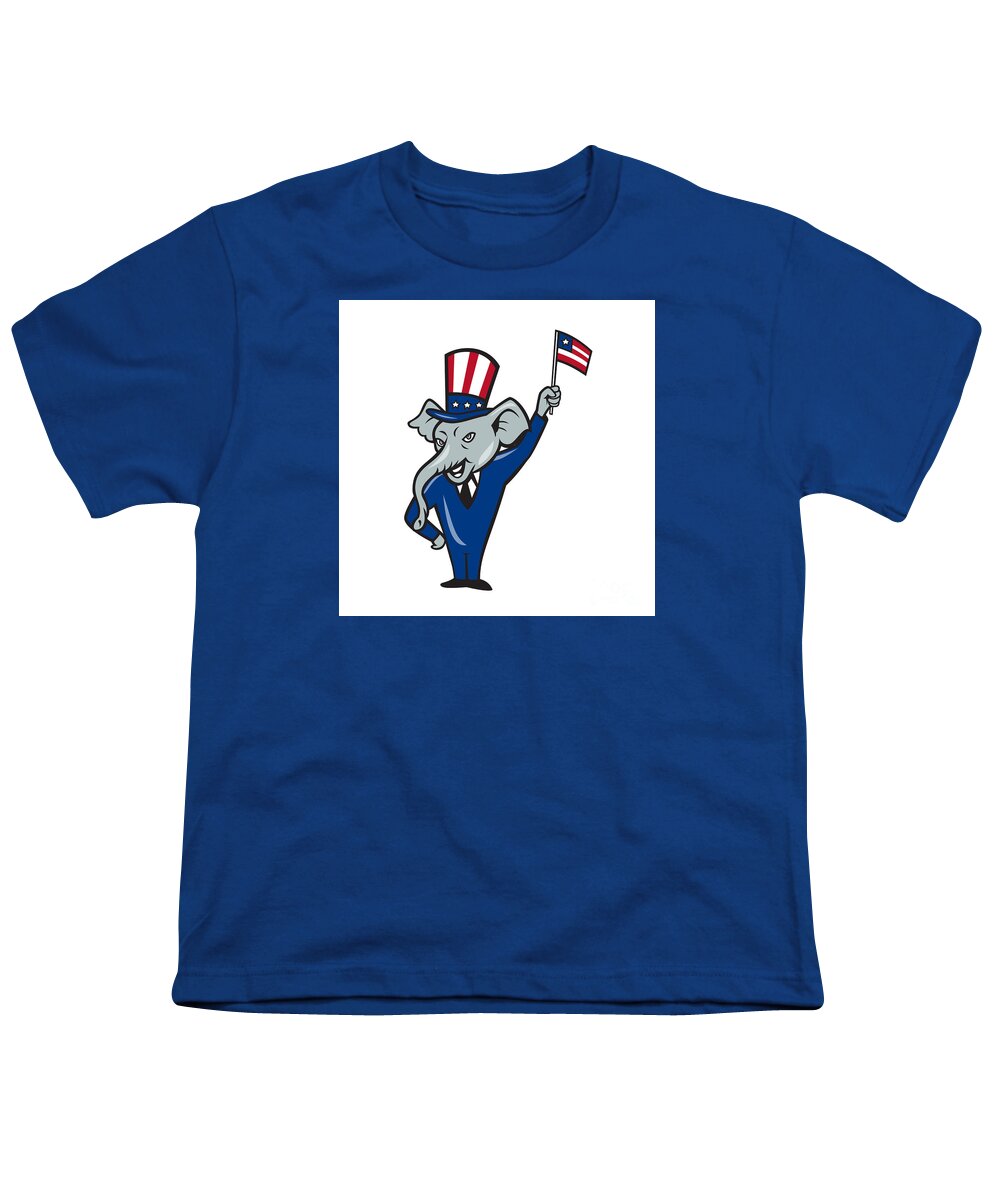 Republican Youth T-Shirt featuring the digital art Republican Mascot Elephant Waving US Flag Cartoon by Aloysius Patrimonio