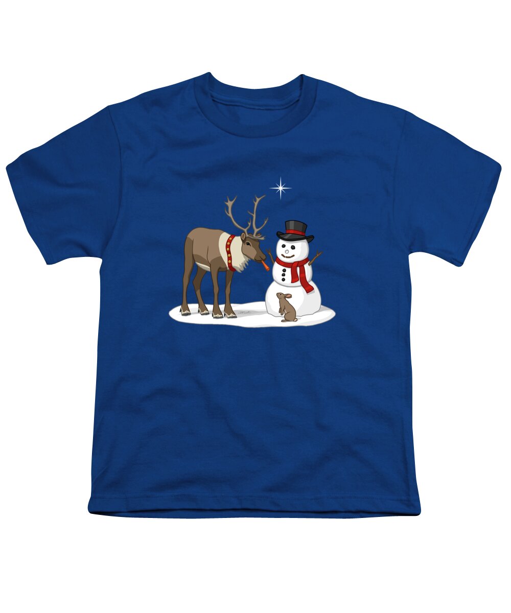 Happy Snowman Youth T-Shirt featuring the painting Santa Reindeer and Snowman by Crista Forest