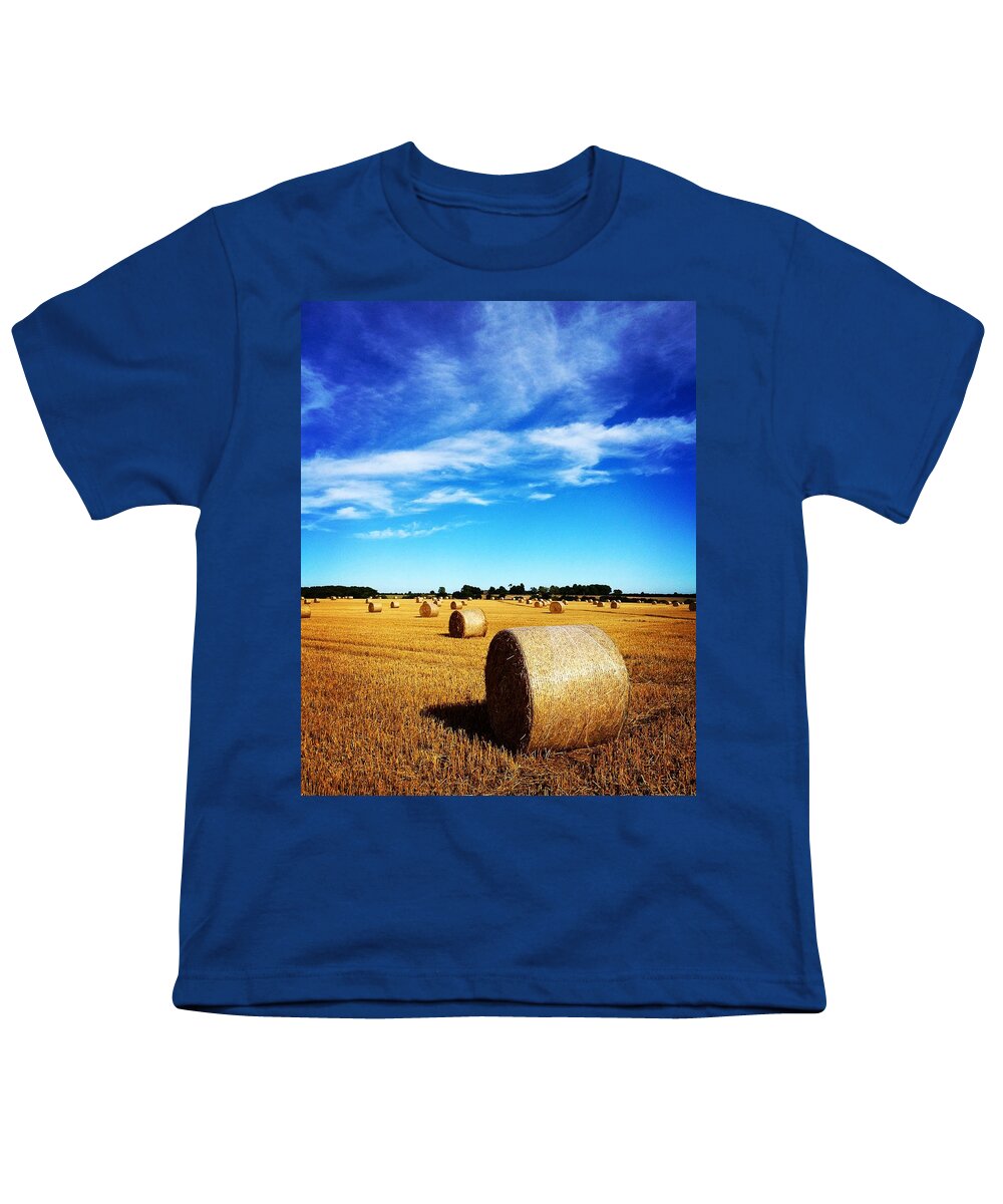 Britain Youth T-Shirt featuring the photograph Straw bales at harvest time by Seeables Visual Arts