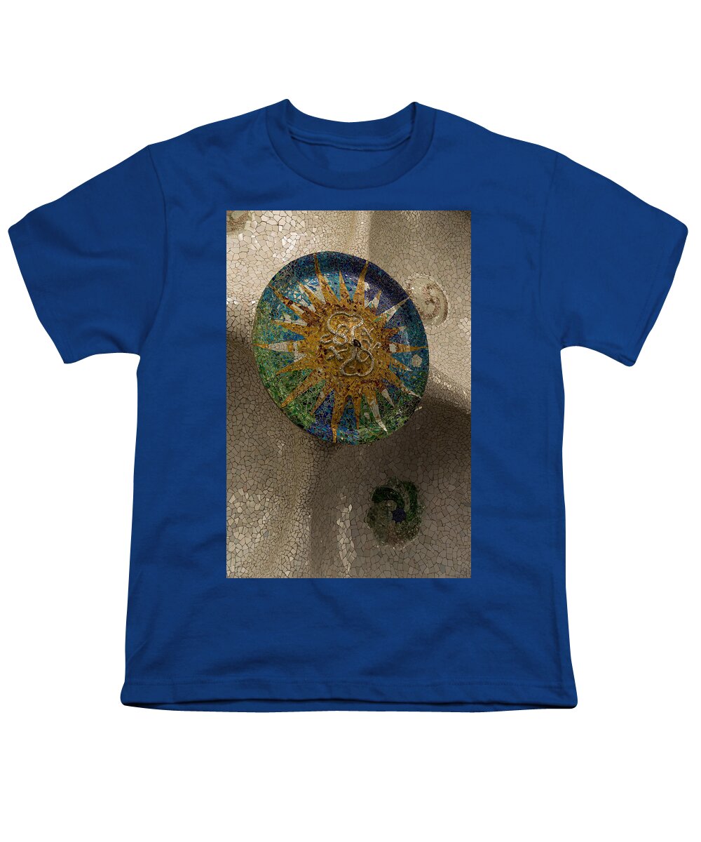 Antonio Gaudis Youth T-Shirt featuring the photograph Stylized Sun - Antoni Gaudi Ceiling Medallion at Hypostyle Room in Park Guell - Left Vertical by Georgia Mizuleva