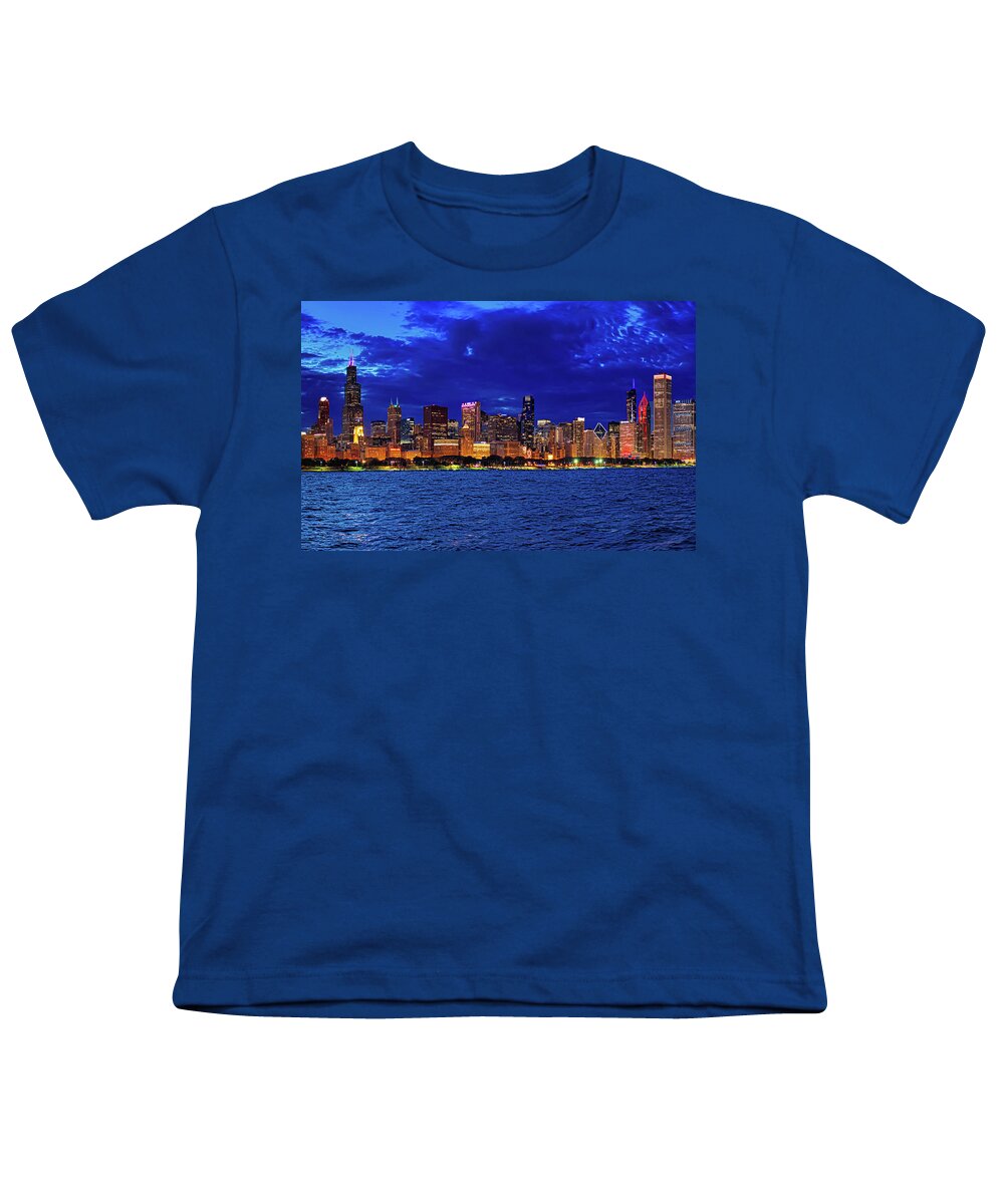 Chicago Youth T-Shirt featuring the photograph Chicago Blue Hour Skyline by Mitchell R Grosky