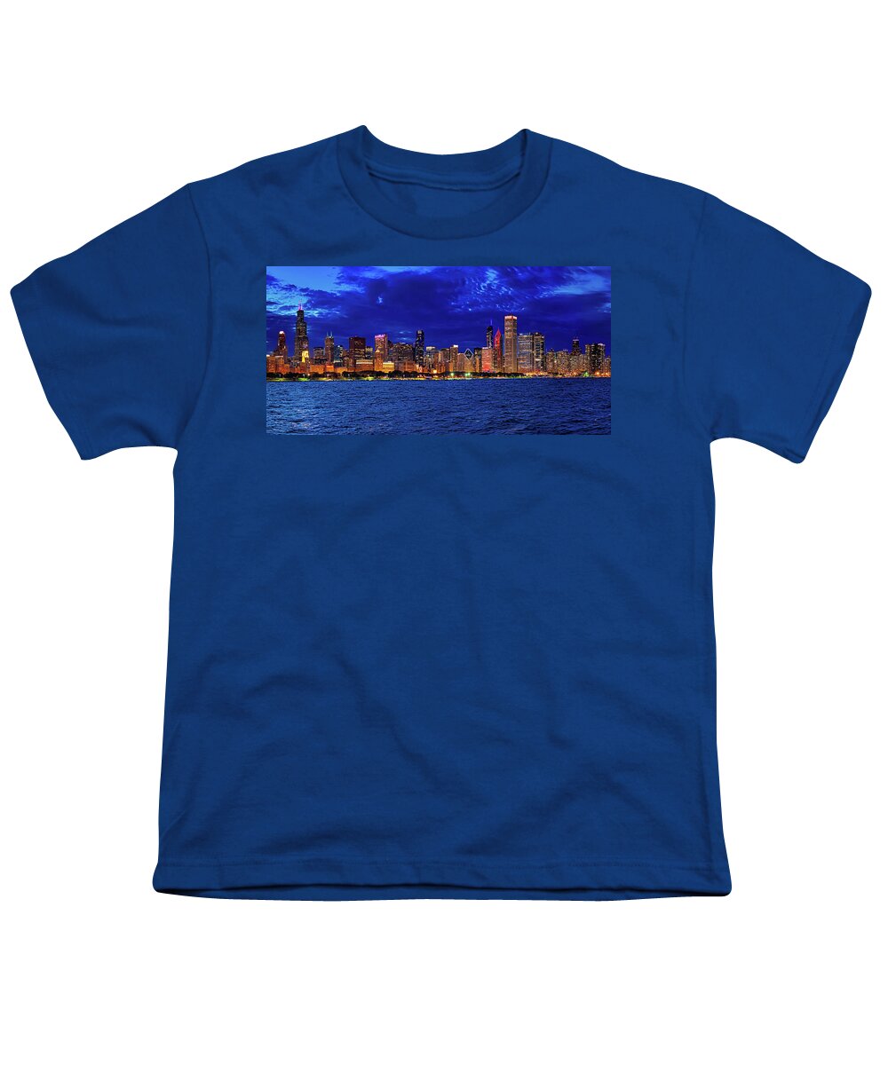 Chicago Youth T-Shirt featuring the photograph Chicago Skyline at the Blue Hour by Mitchell R Grosky