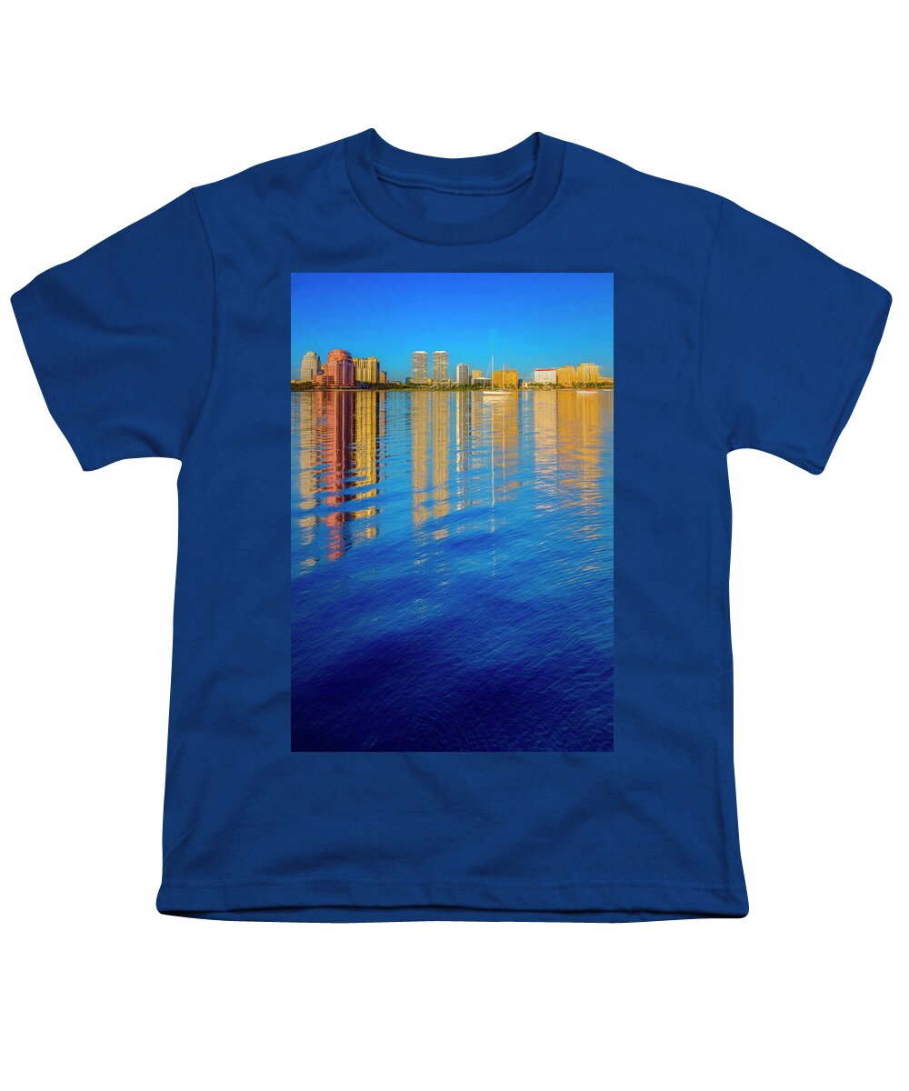 Boats Youth T-Shirt featuring the photograph Long Reflections of Downtown West Palm Beach in Nautical Blues P by Debra and Dave Vanderlaan