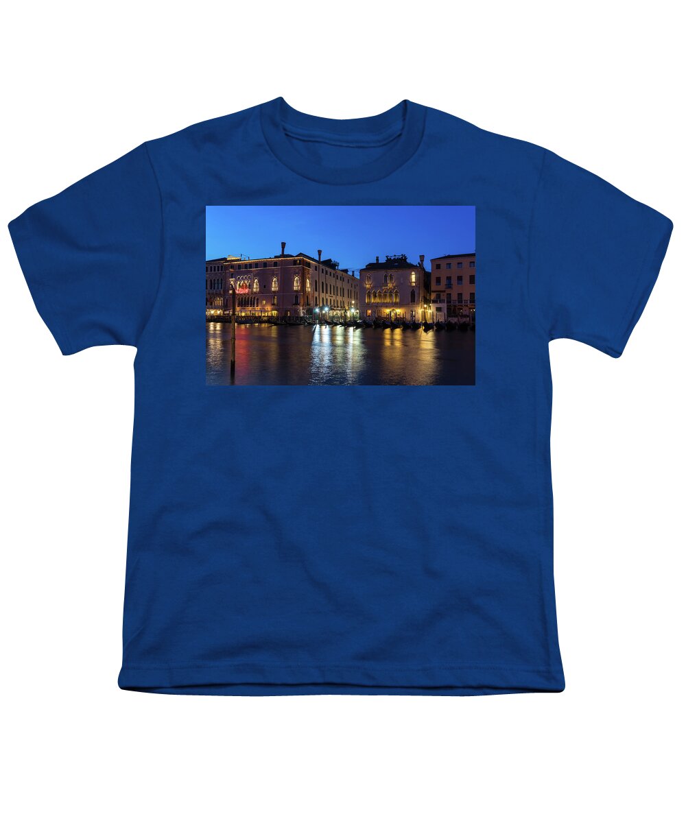 Canalazzo Youth T-Shirt featuring the photograph Silky Nightfall on the Grand Canal - Canalazzo Venice Italy by Georgia Mizuleva