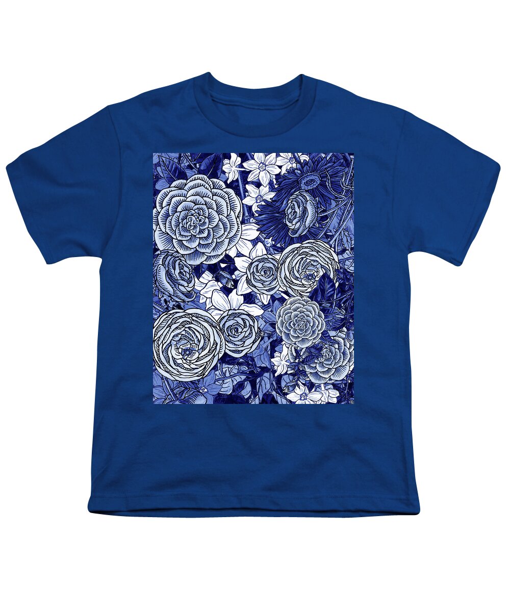 Ultramarine Youth T-Shirt featuring the painting Ultramarine Blue Watercolor Botanical Flowers Garden Pattern IV by Irina Sztukowski