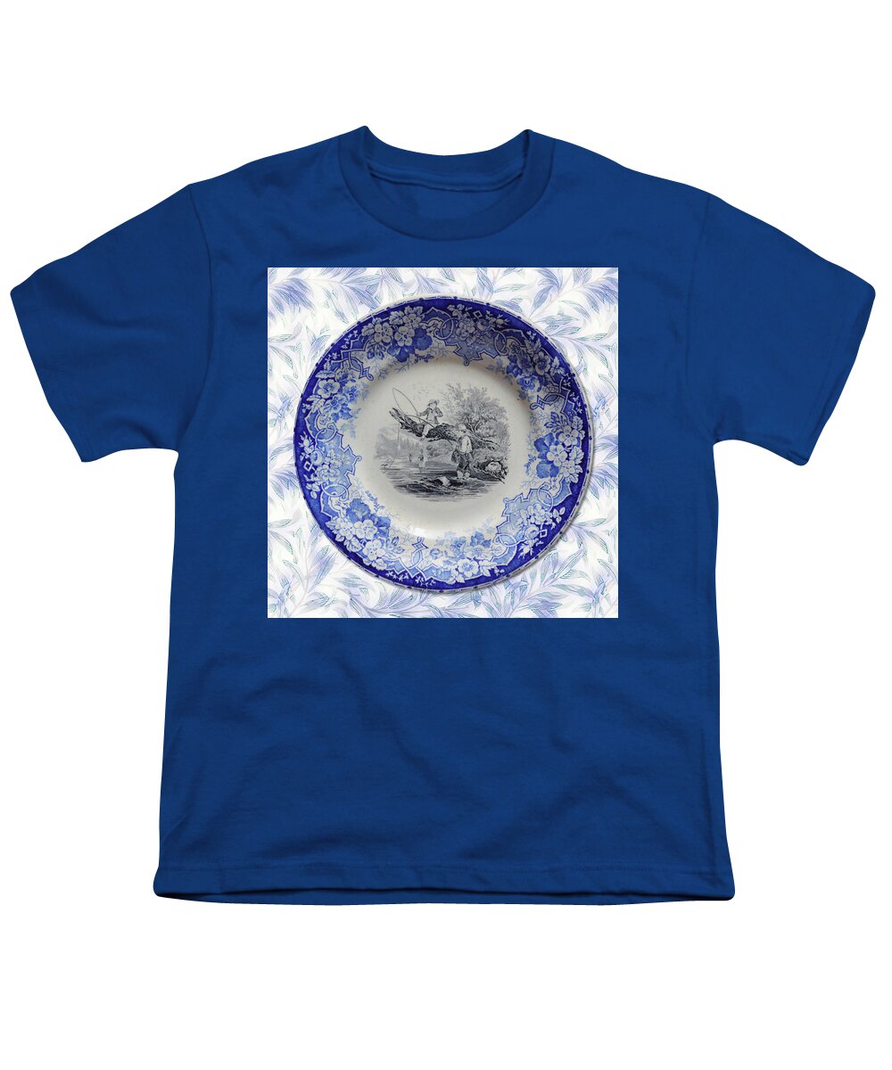 Plate Youth T-Shirt featuring the digital art Antique Blue Willow Plate Boys Fishing by Gaby Ethington