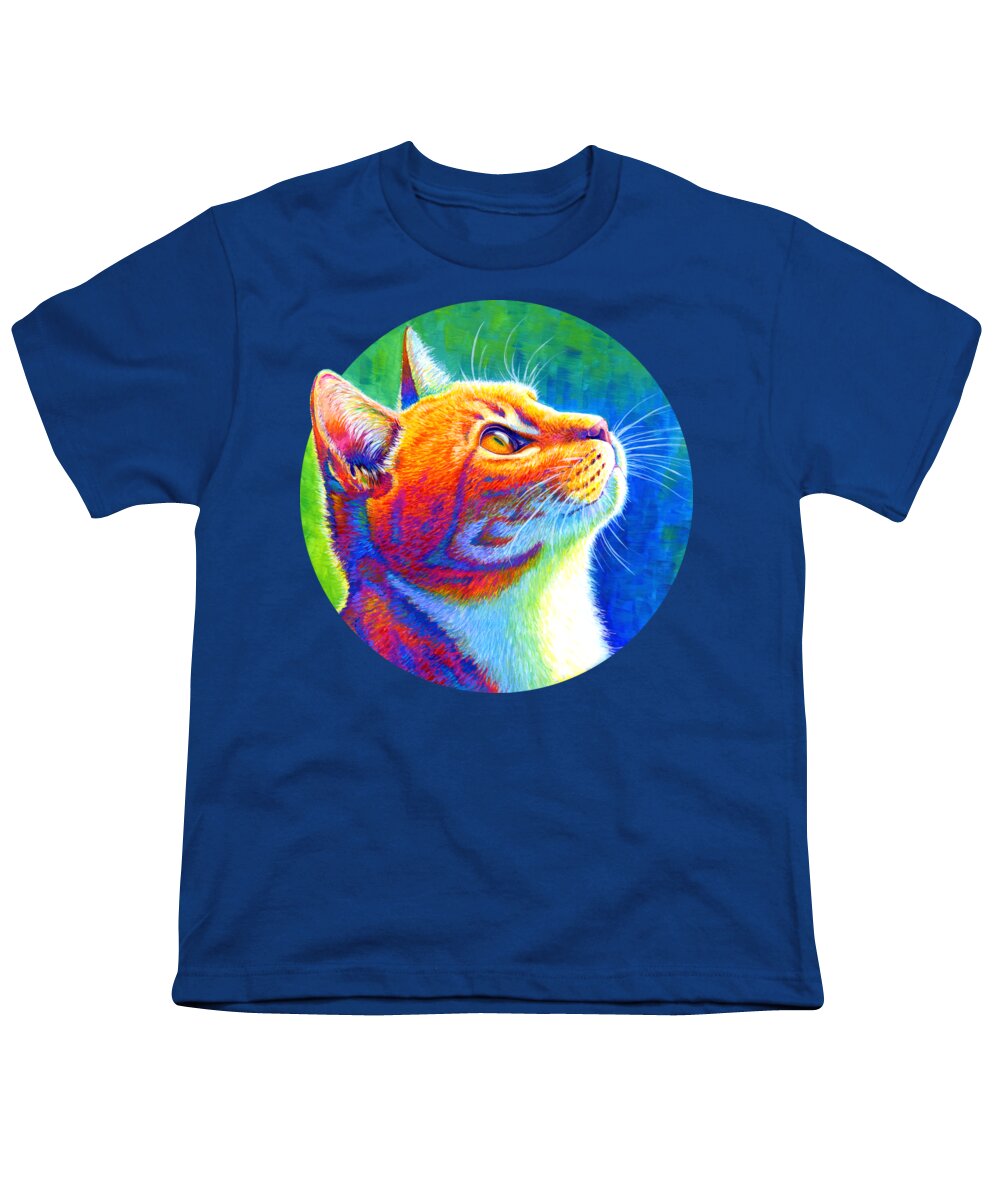 Cat Youth T-Shirt featuring the painting Anticipation - Psychedelic Rainbow Tabby Cat by Rebecca Wang