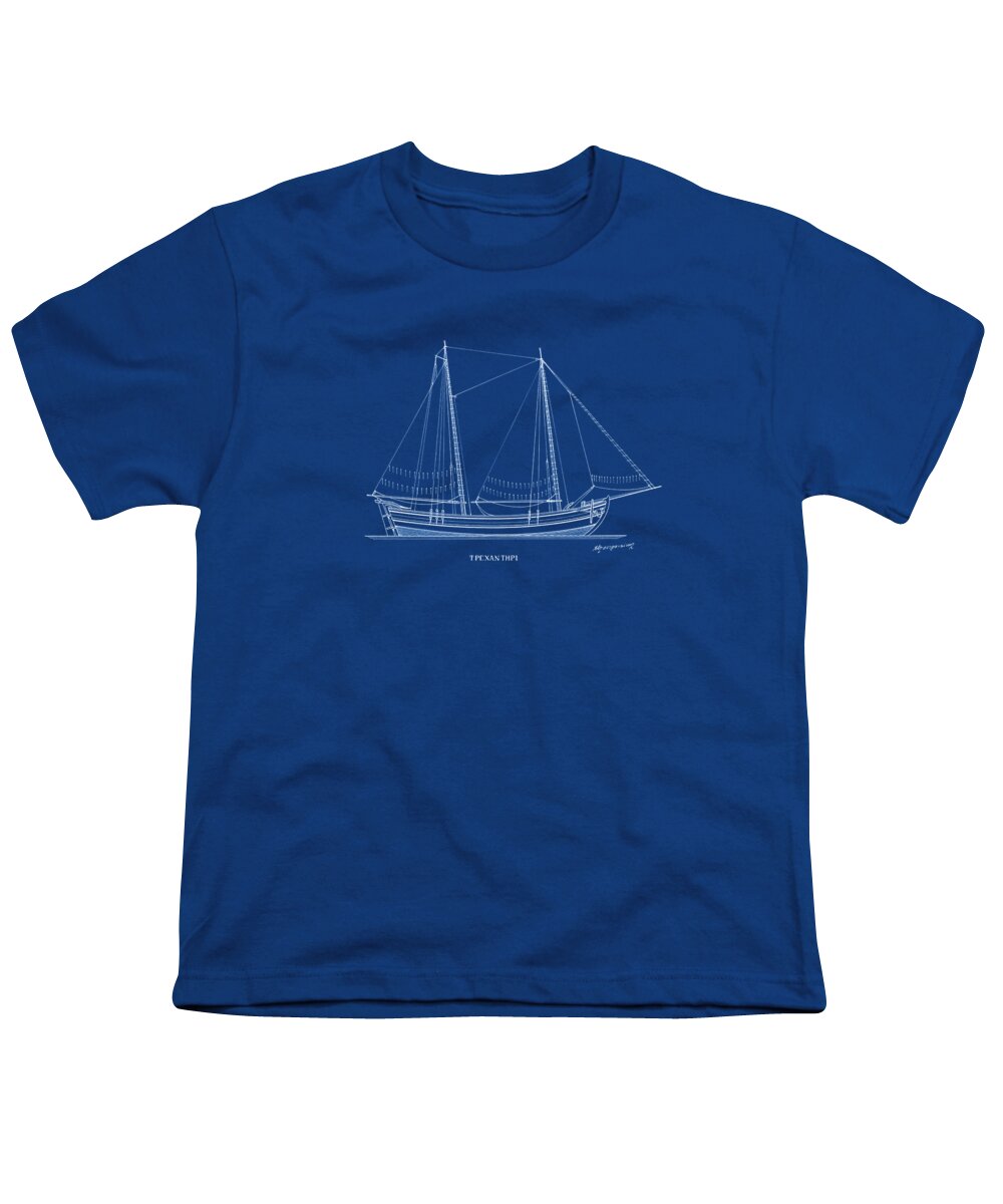 Nautical Decor Youth T-Shirt featuring the drawing Trehantiri - traditional Greek sailing boat - Blueprint by Panagiotis Mastrantonis