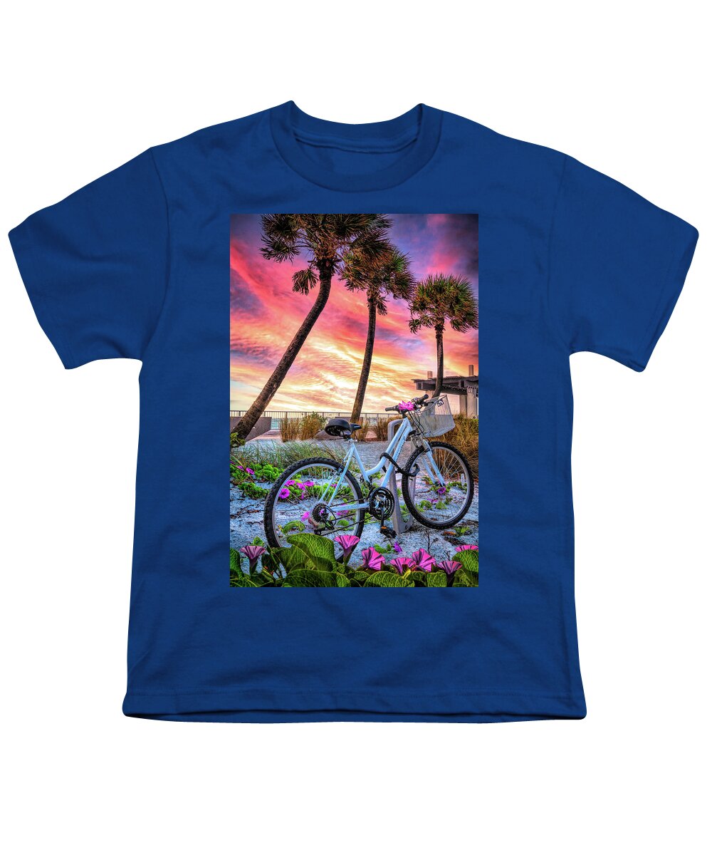 Bike Youth T-Shirt featuring the photograph Beach Bike in the Morning Glories by Debra and Dave Vanderlaan