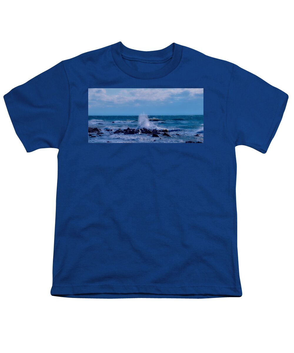 Waves Crashing Youth T-Shirt featuring the photograph Crashing into Rocks by Christina McGoran