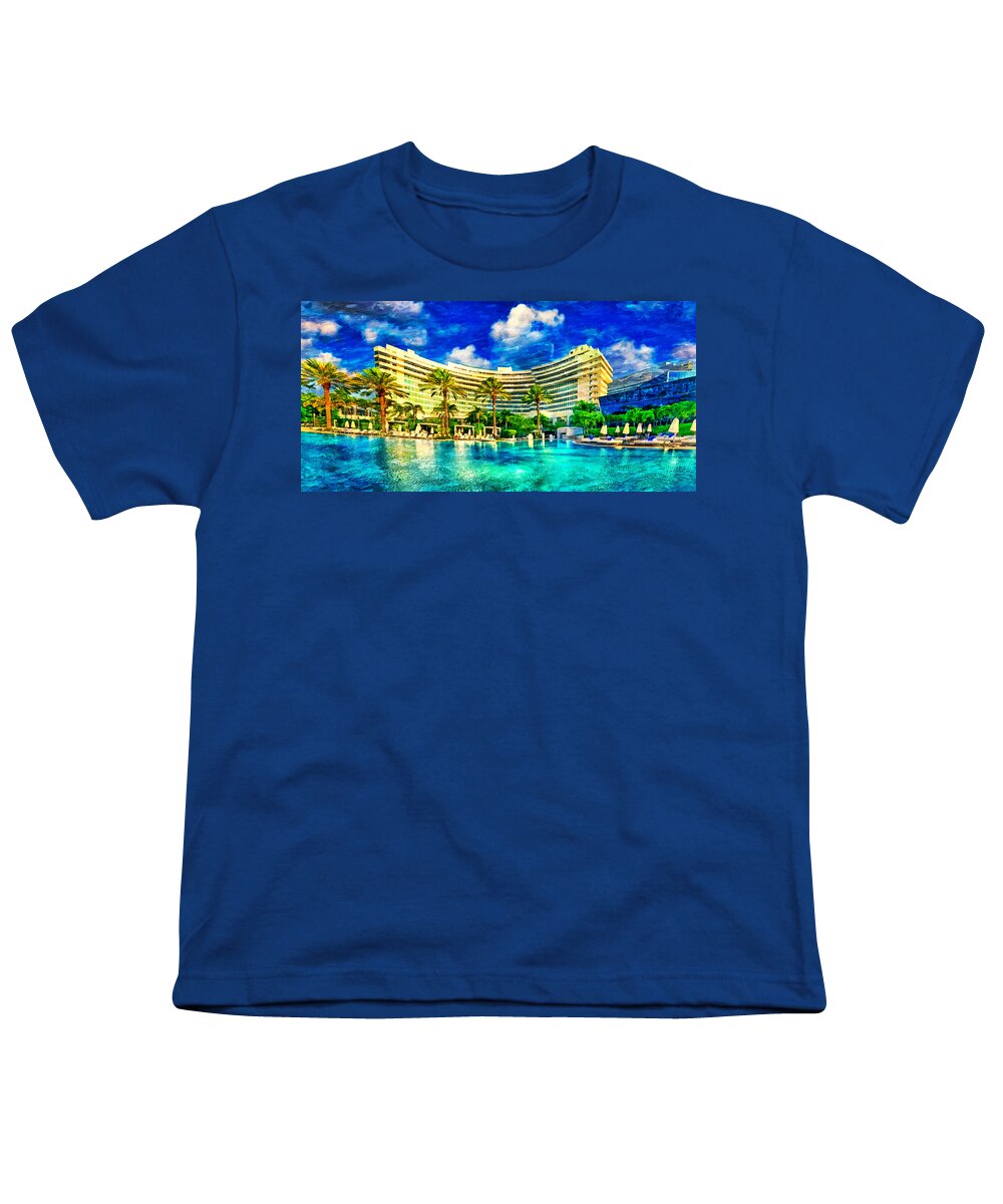 Fontainebleau Miami Beach Youth T-Shirt featuring the digital art Fontainebleau Miami Beach seen from the swimming pool - oil painting by Nicko Prints