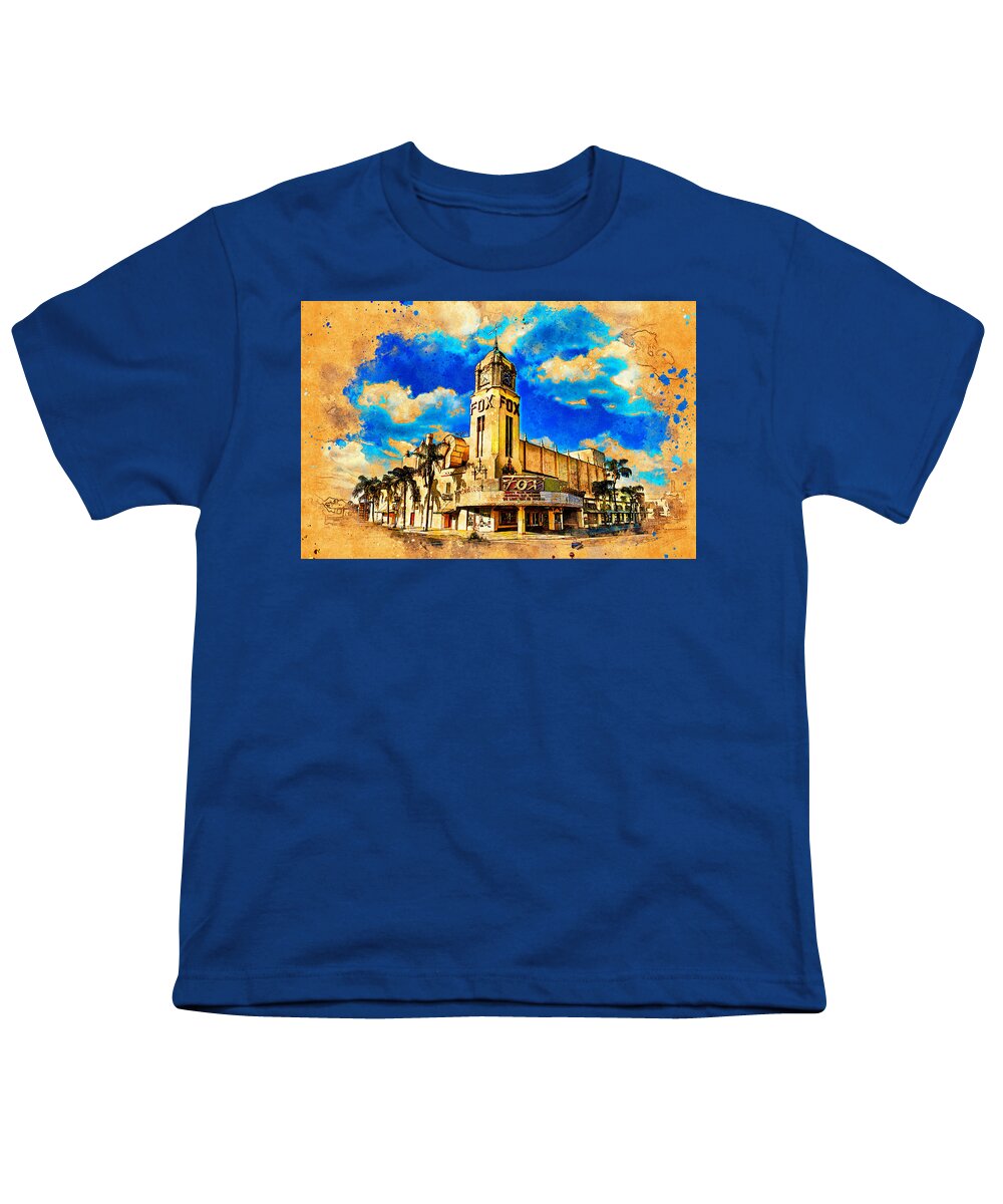 Fox Theater Youth T-Shirt featuring the digital art Fox Theater in Bakersfield, California - digital painting by Nicko Prints