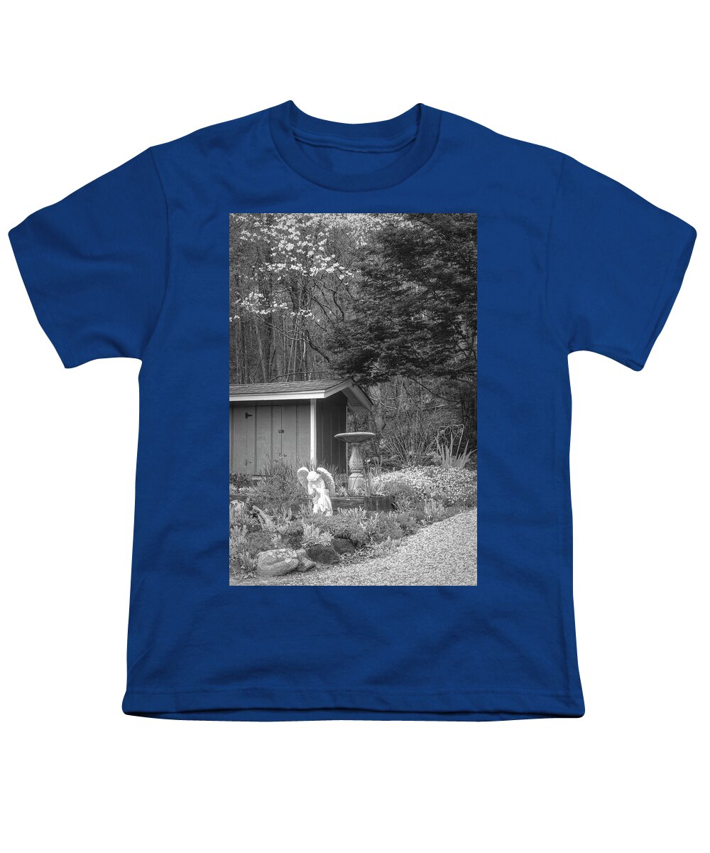 Barns Youth T-Shirt featuring the photograph Garden Angel in Black and White by Debra and Dave Vanderlaan