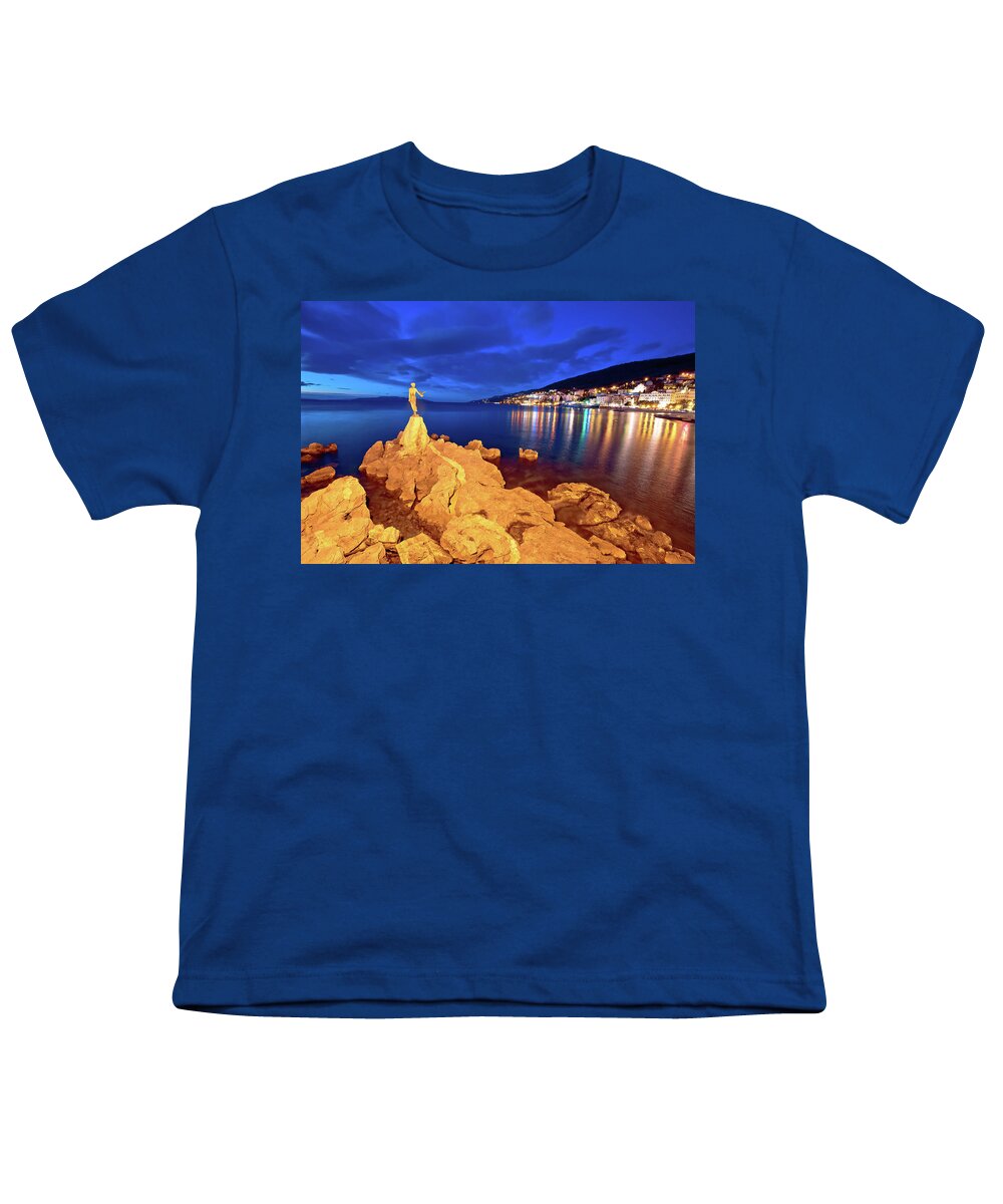 Opatija Youth T-Shirt featuring the photograph Opatija bay statue and waterfront at sunset view by Brch Photography