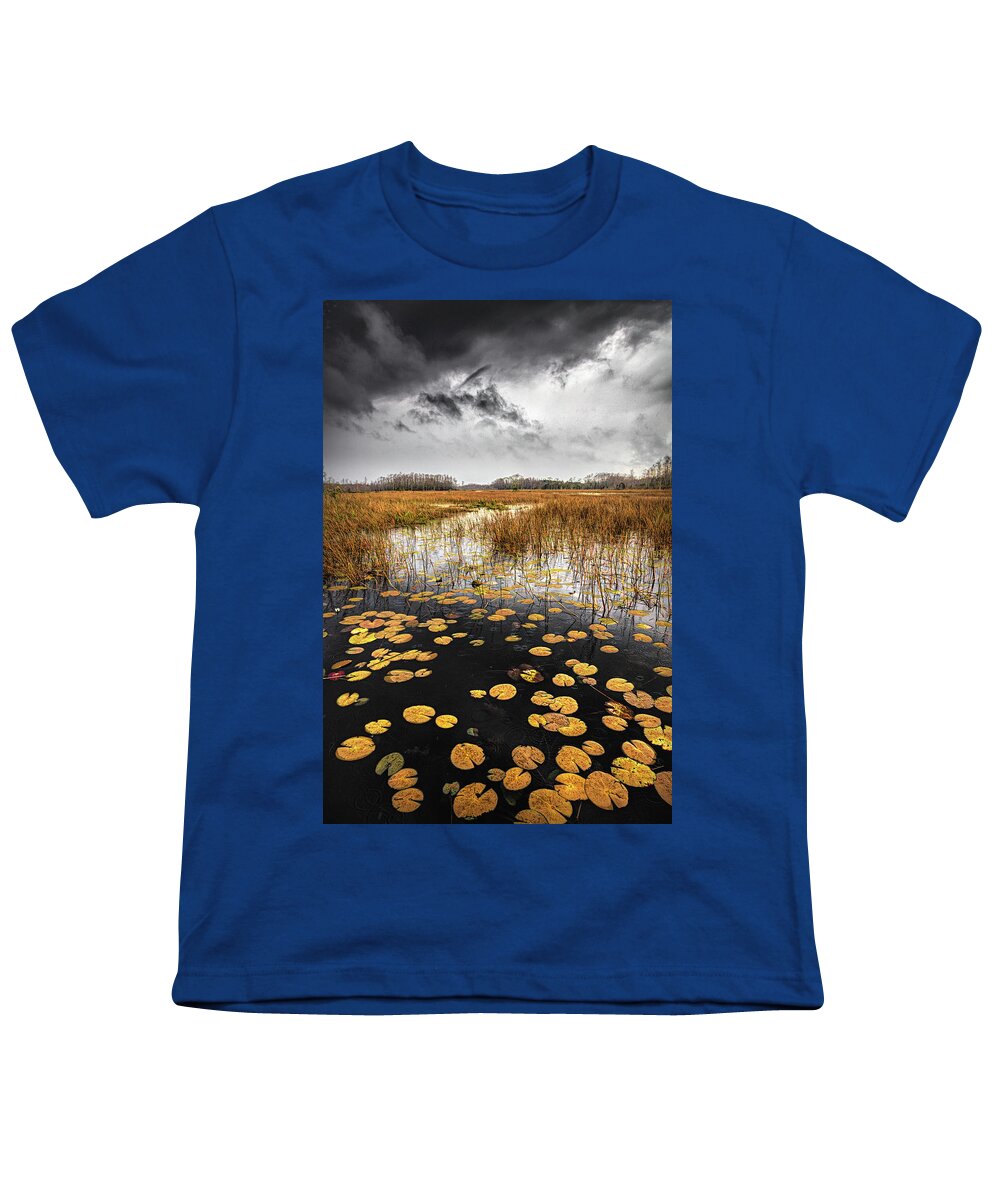 Clouds Youth T-Shirt featuring the photograph Thunder over the Autumn Marsh by Debra and Dave Vanderlaan