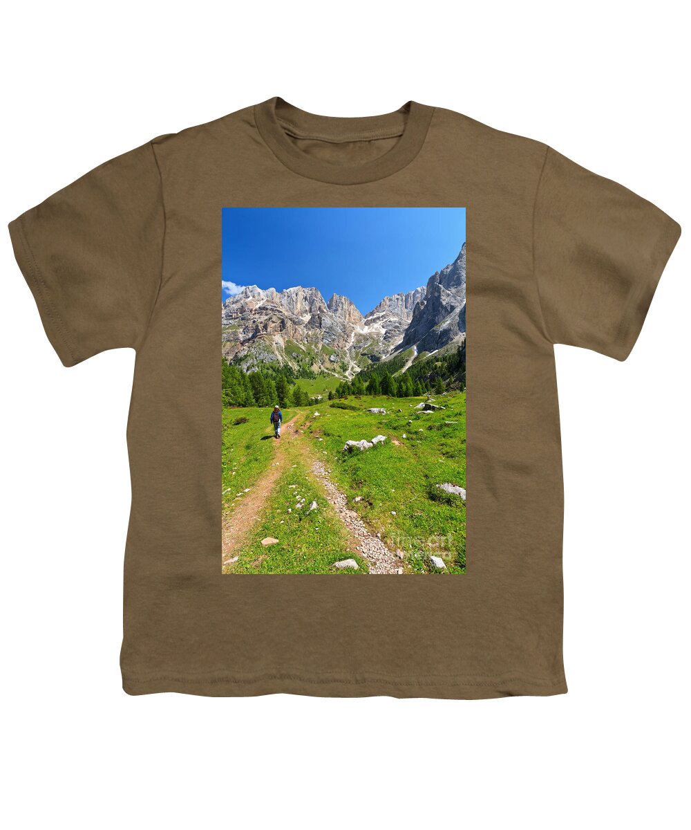Hiker Youth T-Shirt featuring the photograph hiking in Contrin Valley by Antonio Scarpi