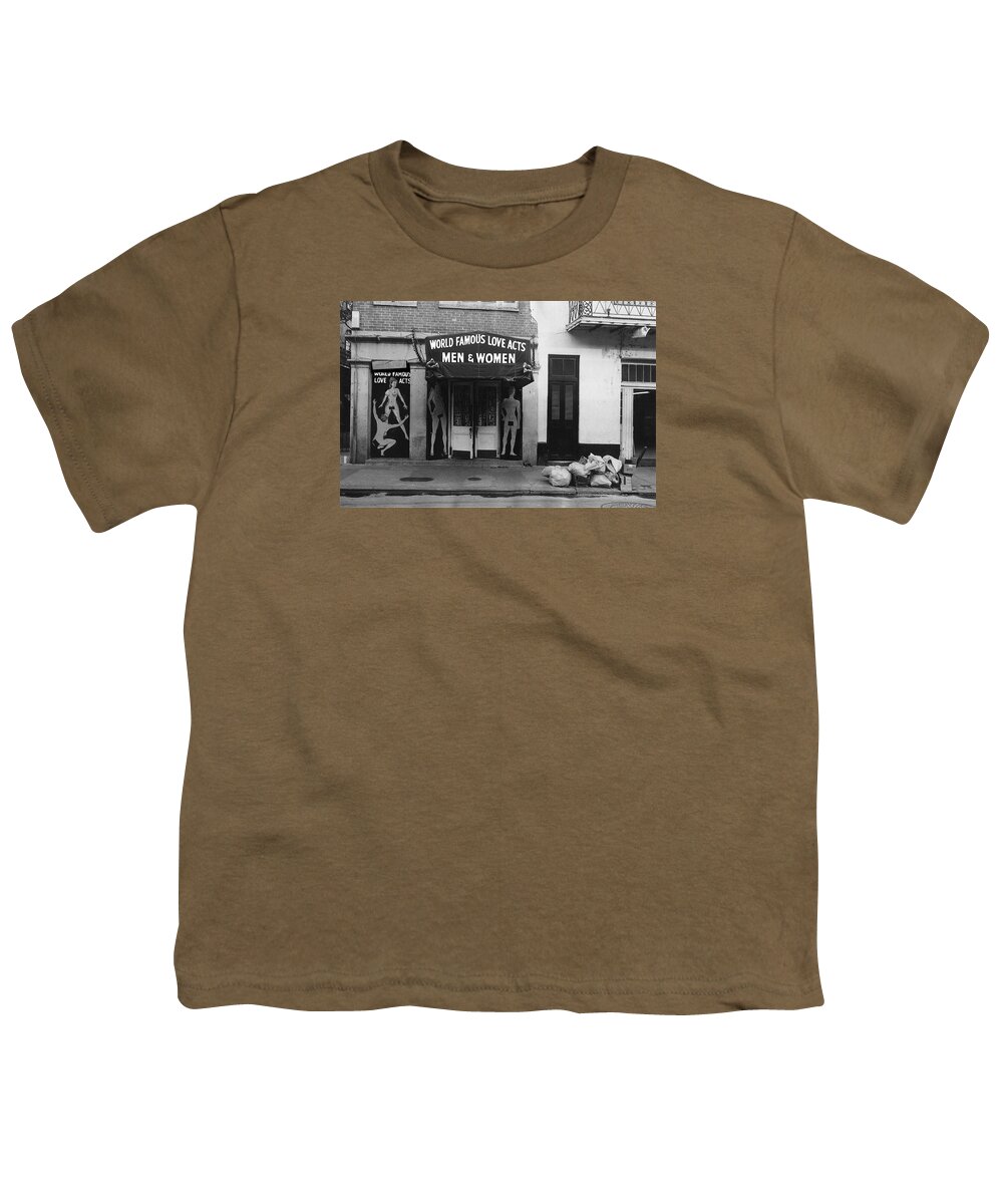 World Famous Love Acts French Quarter New Orleans Louisiana 1976-2012 Black And White Youth T-Shirt featuring the photograph World Famous Love Acts French Quarter New Orleans Louisiana 1976-2012 #1 by David Lee Guss