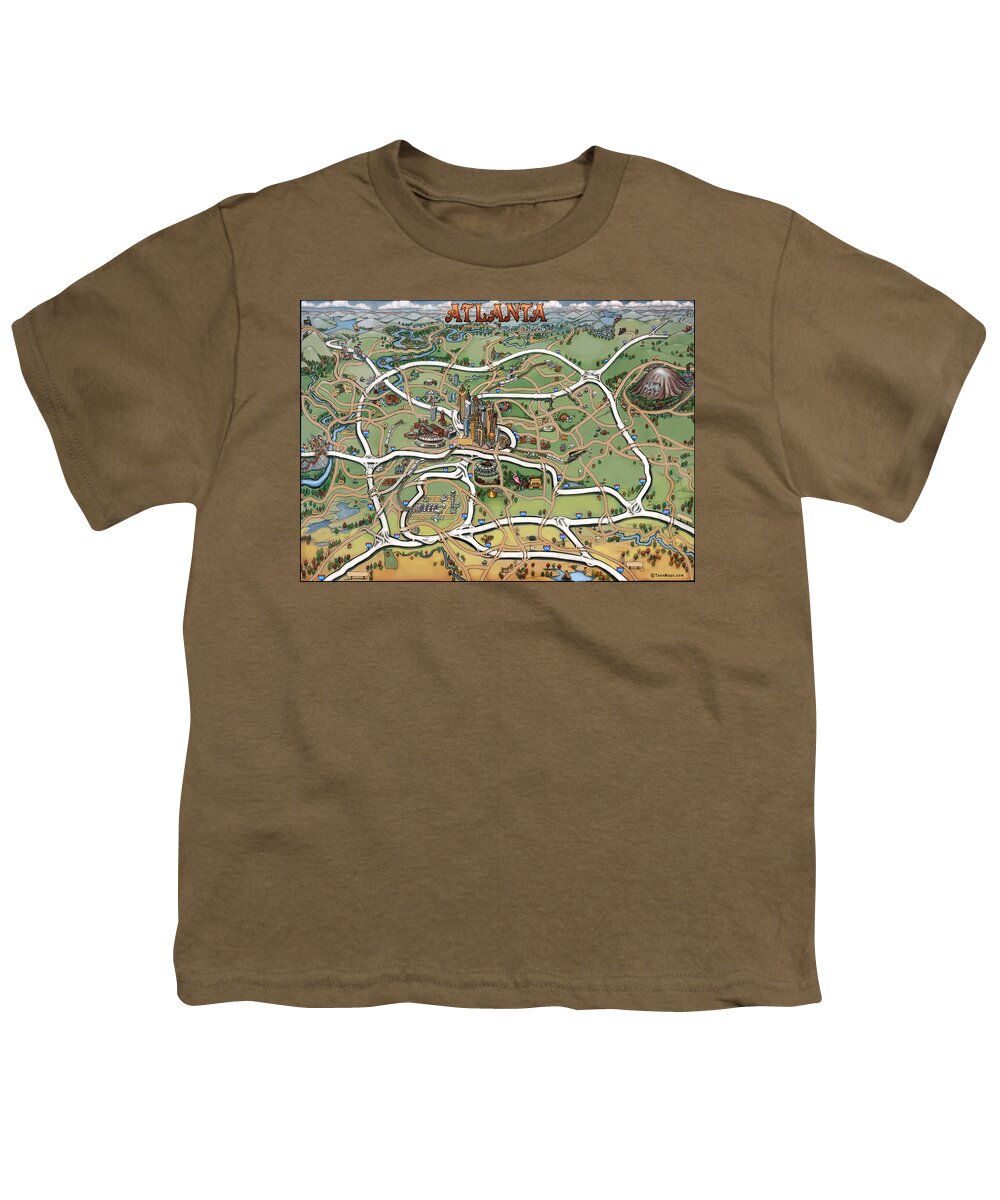 Atlanta Youth T-Shirt featuring the painting Atlanta Cartoon Map #1 by Kevin Middleton