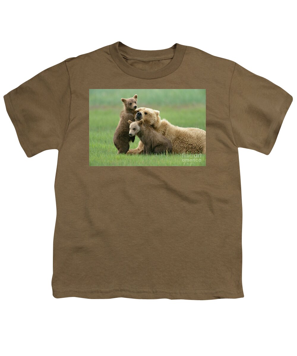 00345263 Youth T-Shirt featuring the photograph Grizzly Cubs Play With Mom by Yva Momatiuk John Eastcott
