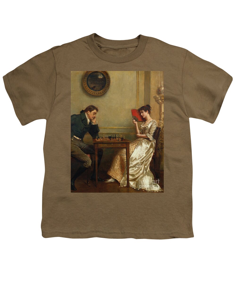 Fan; Mirror; Buckled Shoe; Parquet Floor; Society; Couple; Lovers; Flirtation; Flirting Youth T-Shirt featuring the painting A Game of Chess by George Kilburne