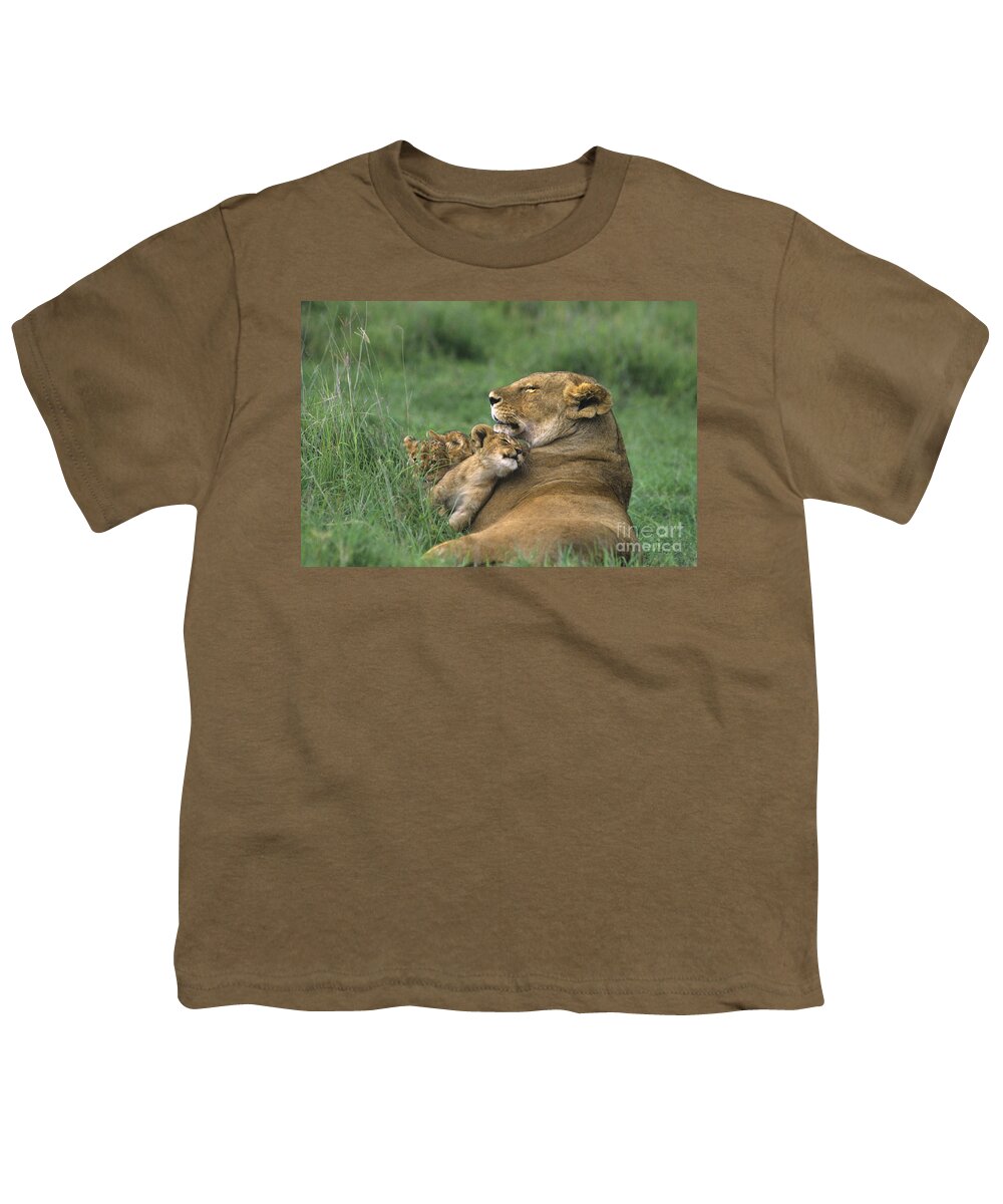 Africa Youth T-Shirt featuring the photograph African Lions Mother and Cubs Tanzania by Dave Welling
