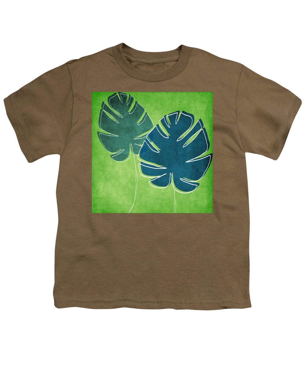 Palm Tree Youth T-Shirt featuring the painting Blue and Green Palm Leaves by Linda Woods