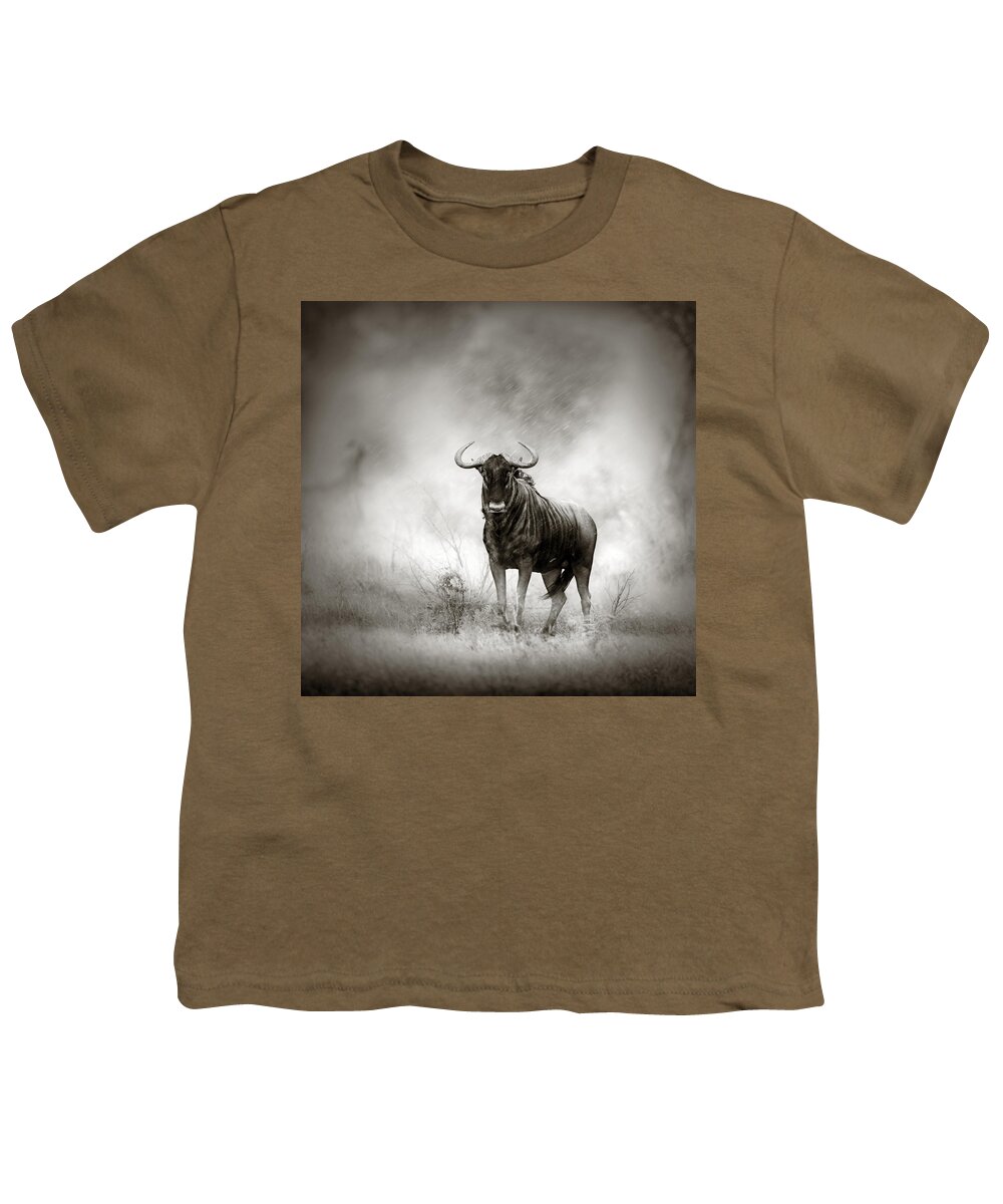 Blue Youth T-Shirt featuring the photograph Blue Wildebeest in rainstorm by Johan Swanepoel