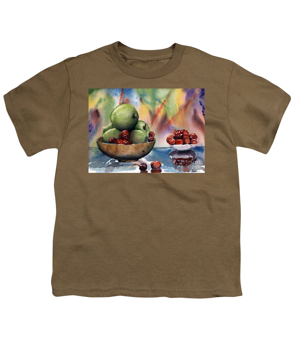 Apples And Cherries Youth T-Shirt featuring the painting Apples in a Wooden Bowl With Cherries on the Side by Maria Hunt