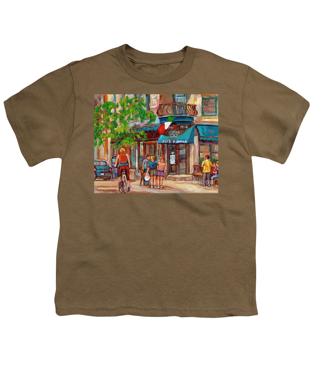 Cafe Olimpico Youth T-Shirt featuring the painting Cafe Olimpico-124 Rue St. Viateur-montreal Paintings-sports Bar-restaurant-montreal City Scenes by Carole Spandau