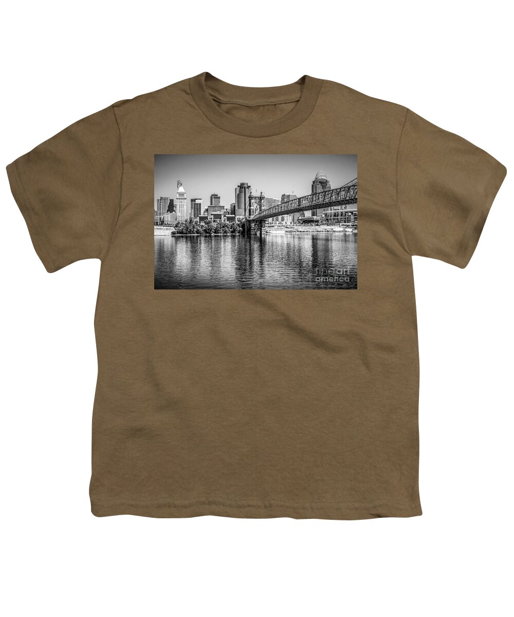 2012 Youth T-Shirt featuring the photograph Cincinnati Skyline and Roebling Bridge Black and White Picture by Paul Velgos