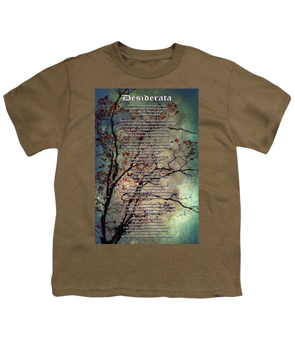 Desiderata Youth T-Shirt featuring the mixed media Desiderata Inspiration Over Old Textured Tree by Christina Rollo